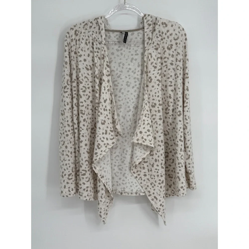 Jaclyn Intimates Womens Sz S Leopard Print Hooded Waterfall Draped Cardigan Tan